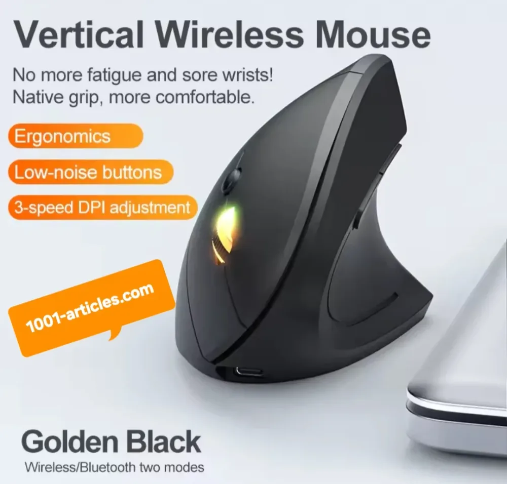 Souris verticale sans fil Bluetooth et RF 2.4GHz, Rechargeable, Ergonomique.