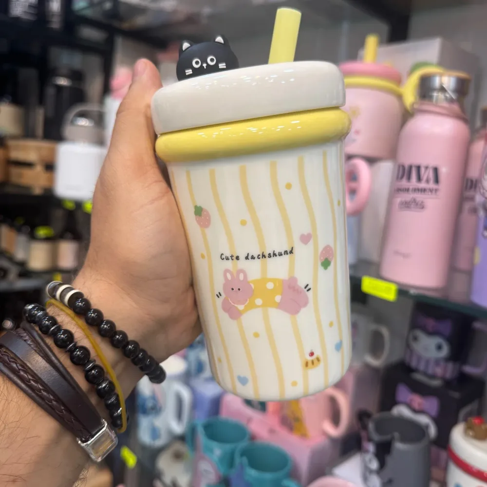 Mugs avec paille en céramique, motif chat