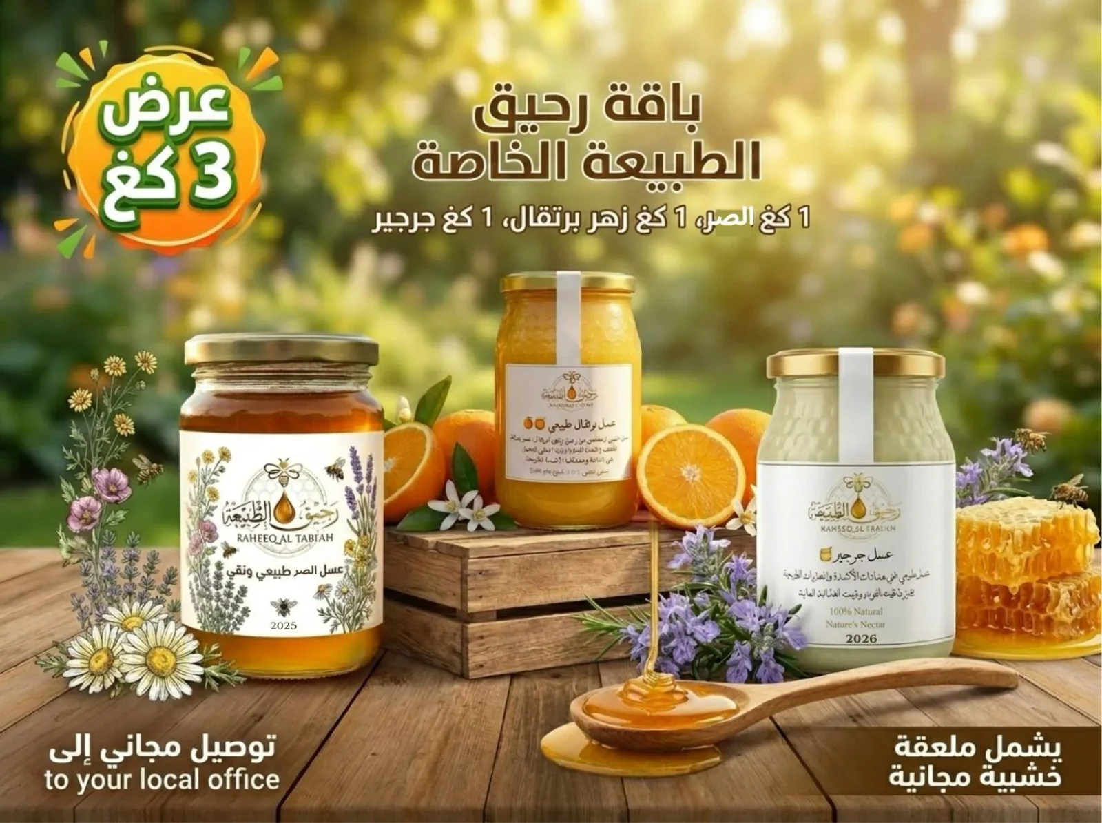 باقة 3كغ عسل مختلف  🐝+ توصيل مجاني🚚 للمكتب 🚧و ملعقة خشبية هدية 🌹