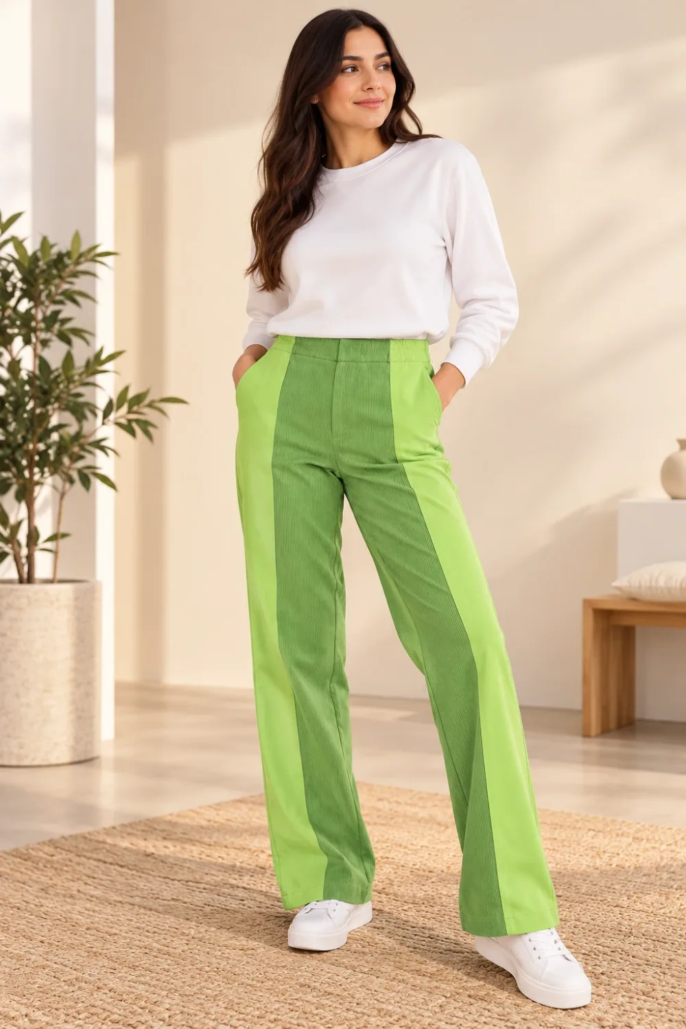 Pantalon Femme en Velours Côtelé – Vert Pistache – Taille L