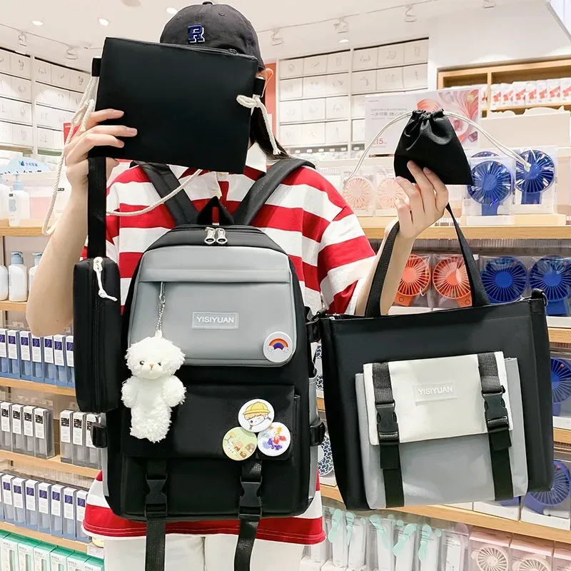 Ensemble de sacs d’école Kawai pour adolescents 5Pcs YISIYUAN Noir – محفظة 5 قطع كاواي أسود