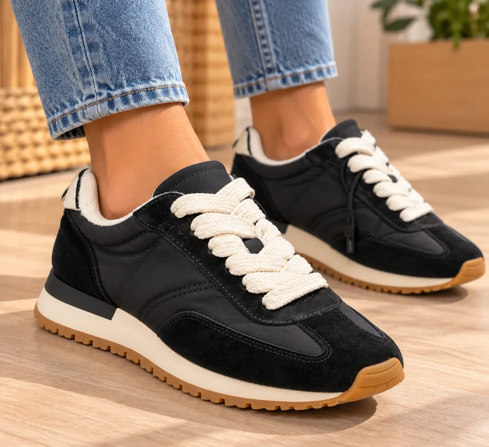 Baskets Femme Bershka Noires à Lacets Blancs – Semelle Camel