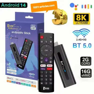 Smart StickTv, TV98 ATV, 5G, Android 14, 8K - Mini Clé TV, Google Tv, UltraHD.