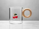 DESCREPTION  🍒 Verres en Verre Transparent avec Anse en Bois - Motif Cerises