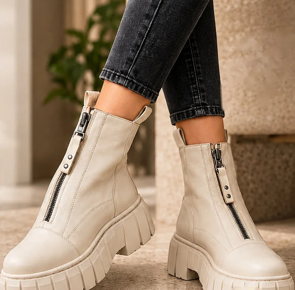 MJUS – Bottines Femme Écru à Zip Frontal et Semelle Plateforme