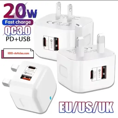 Chargeur Pro double ports USB et Type-C, Fast Charge PD 20W, Version UK.