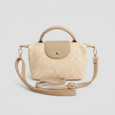Sac Bandoulière — Tressé Beige & Cuir Camel