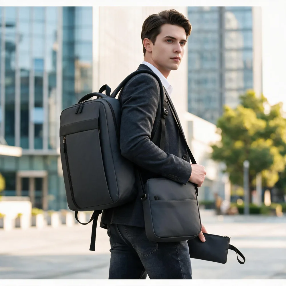 Ensemble 3 PCS sac a dos Élégant et Imperméable pour Homme Avec Port USB Grenat Mat-02 - طقم حقائب رجالية أنيقة 3 في 1 مع منفذ شحن