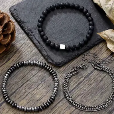 Bracelet trois pièces pierre volcanique