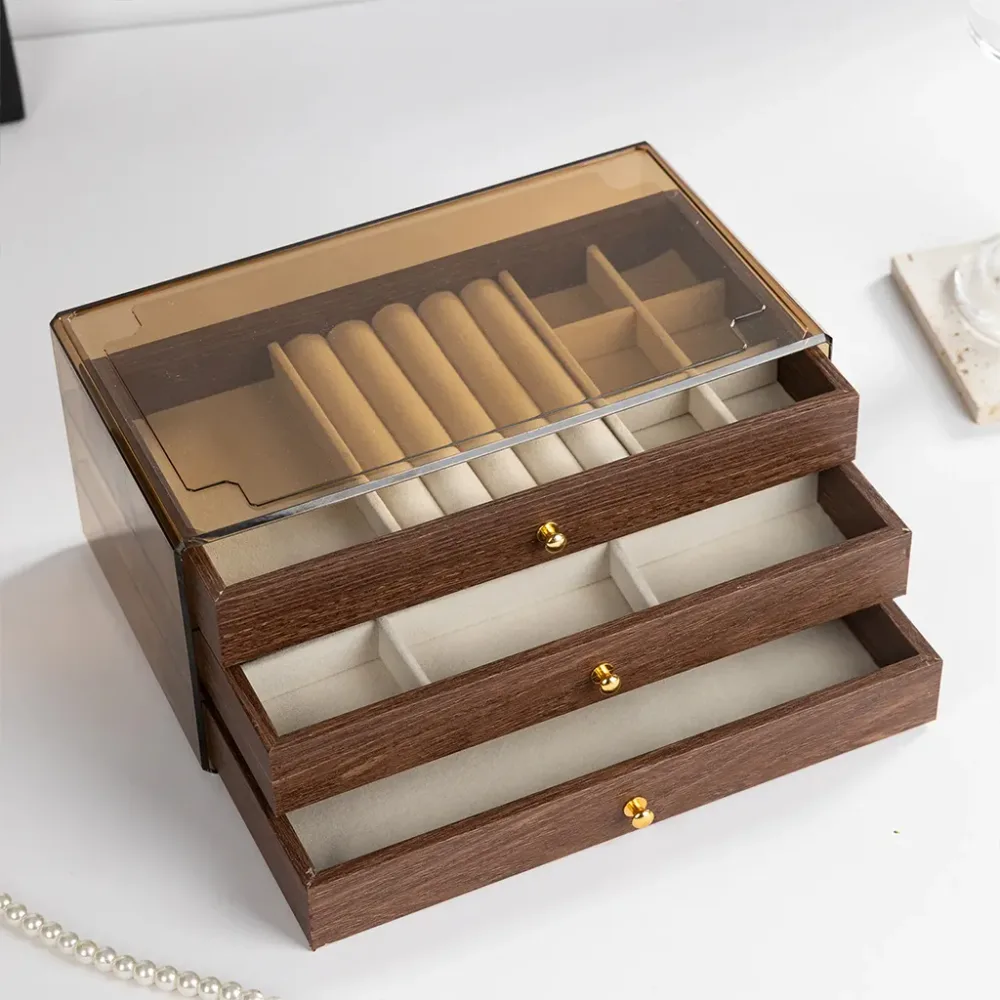 Coffret à bijoux en bois à 3 niveaux très élégant couleur noyer – علبة تنظيم المجوهرات