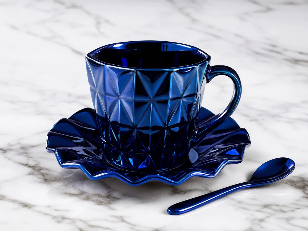☕ Tasse en Céramique Facettée avec Soucoupe Fleur - 180ml