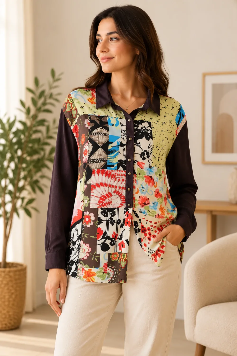 Chemisier Femme Zara Basic – Patchwork Floral Multicolore