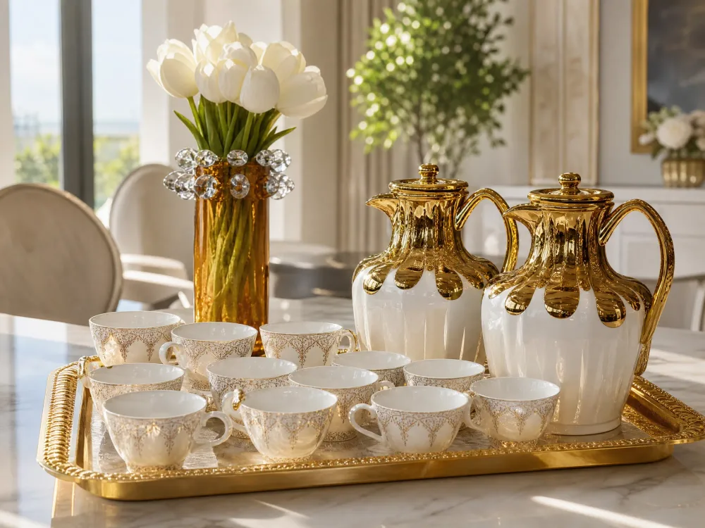 ☕ Service à Café/Thé en Porcelaine 24 Pièces - Collection Dorée Élégance