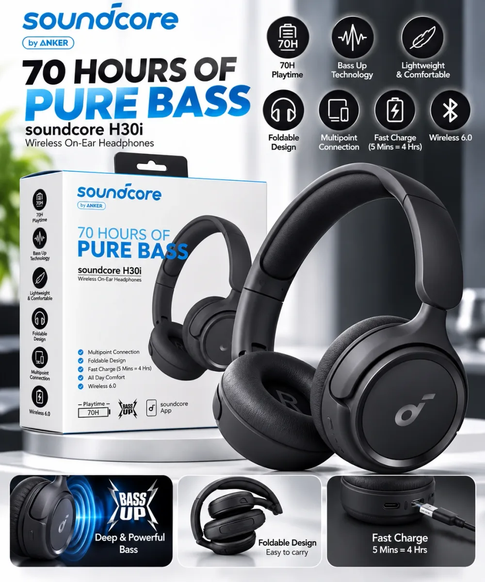 Casque Bluetooth Soundcore H30i by Anker – Pure Bass, 70H Playtime