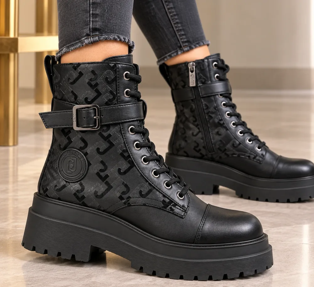 LIU JO London 03 – Bottines Femme Noires à Lacets, Boucle & Semelle Plateforme