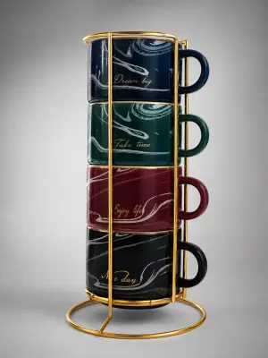 Set de 4 Tasses à Café en Céramique avec Support Doré