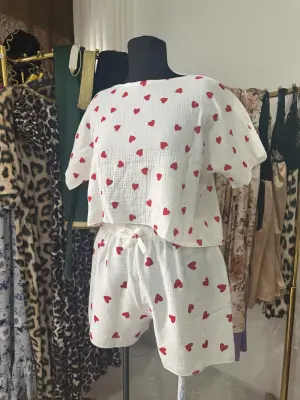 Ensemble Pijamas Femme blanc à cœur rouge