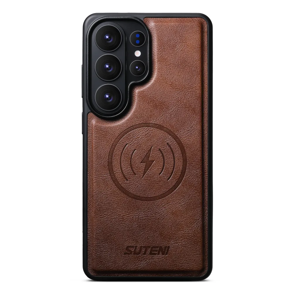 Case anti-choc S24 Ultra / S25 Ultra — جلد صناعي فاخر ،  يدعم الشحن الاسلكي بدون نزع  الكوفر