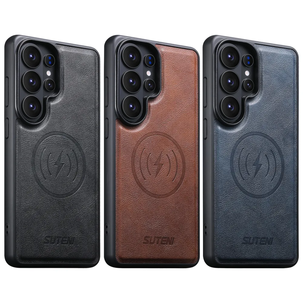 Case anti-choc S24 Ultra / S25 Ultra — جلد صناعي فاخر ،  يدعم الشحن الاسلكي بدون نزع  الكوفر