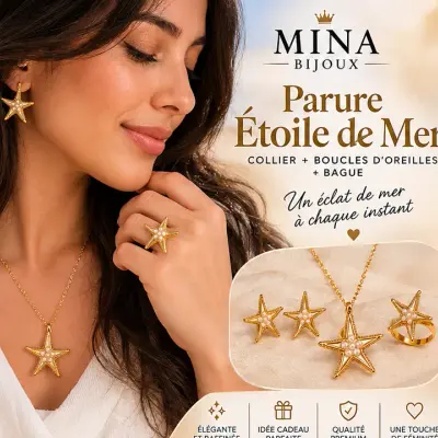 Parure Étoile de Mer  Acier inoxydable (collier + boucles d'oreilles + bague).