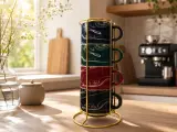 Set de 4 Tasses à Café en Céramique avec Support Doré