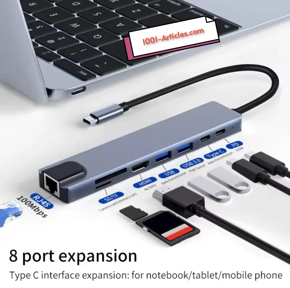 Adaptateur USB 8 en 1, Type C, 4K HDTV, Carte TF SD, Port RG45