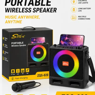 ZQS-828 Enceinte solaire portable Bluetooth avec éclairage LED RGB, radio FM et prise en charge de carte TF pour aventures en extérieur et fêtes