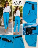 Pantalon Femme Zara Basic Bleu Turquoise avec Ceinture