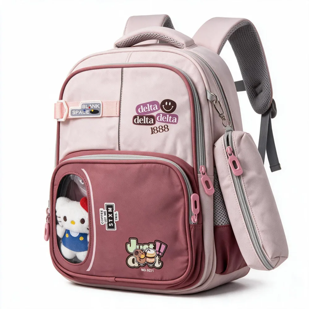 Sac à Dos Scolaire Delta Design Ergonomique avec Trousse et Pendentif Ours Inclus Gris SACKDS35GR - حقيبة ظهر مدرسية عصرية مع مقلمة مدمجة