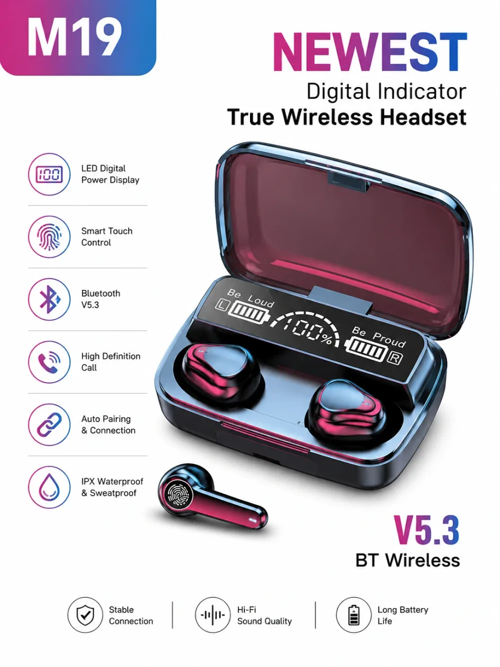 M19 True Wireless Bluetooth Earbuds V5.3