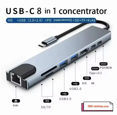 Adaptateur USB 8 en 1, Type C, 4K HDTV, Carte TF SD, Port RG45