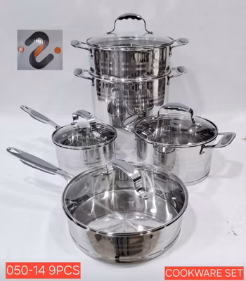 طقم أواني الطبخ "إينوكس سيلفر" بلمسة رمادية 9قطع -Batterie de Cuisine en Inox Cookware Set - 9 Pièces