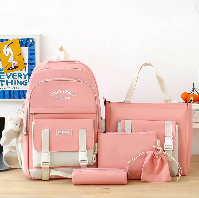 Ensemble de sacs d’école Kawai pour adolescents 5Pcs YISIYUAN Rose – محفظة 5 قطع كاواي وردي