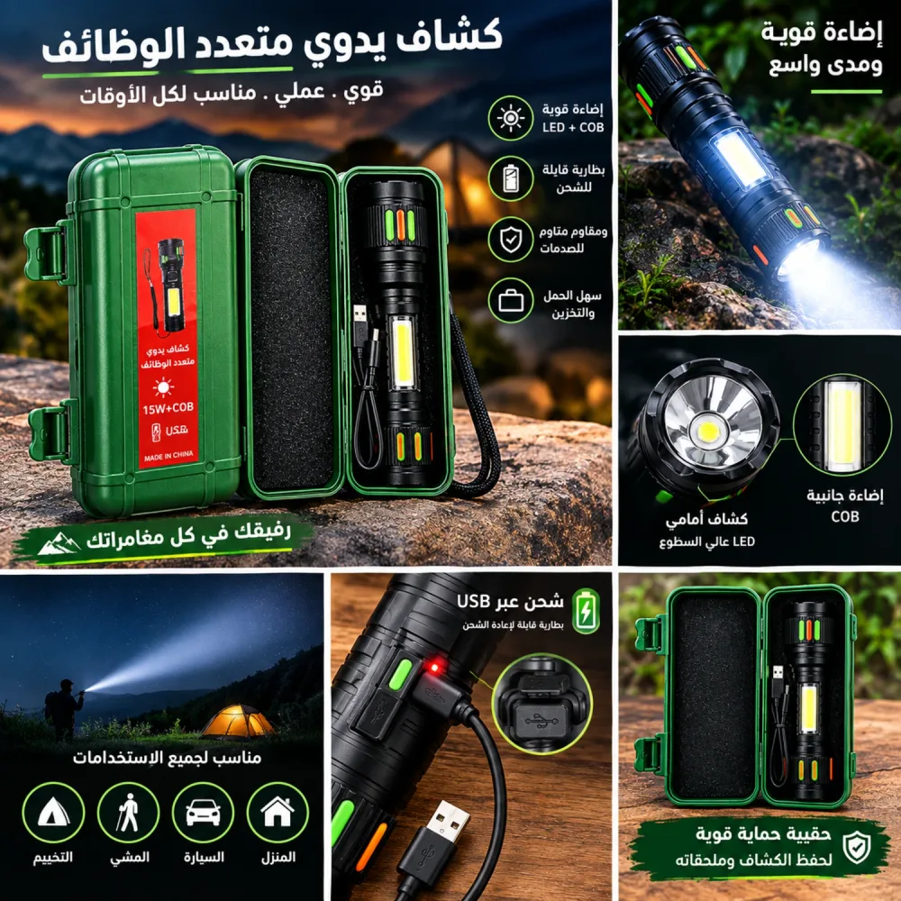 تورش LED قابل للشحن 15W+COB