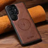 Case anti-choc S24 Ultra / S25 Ultra — جلد صناعي فاخر ،  يدعم الشحن الاسلكي بدون نزع  الكوفر