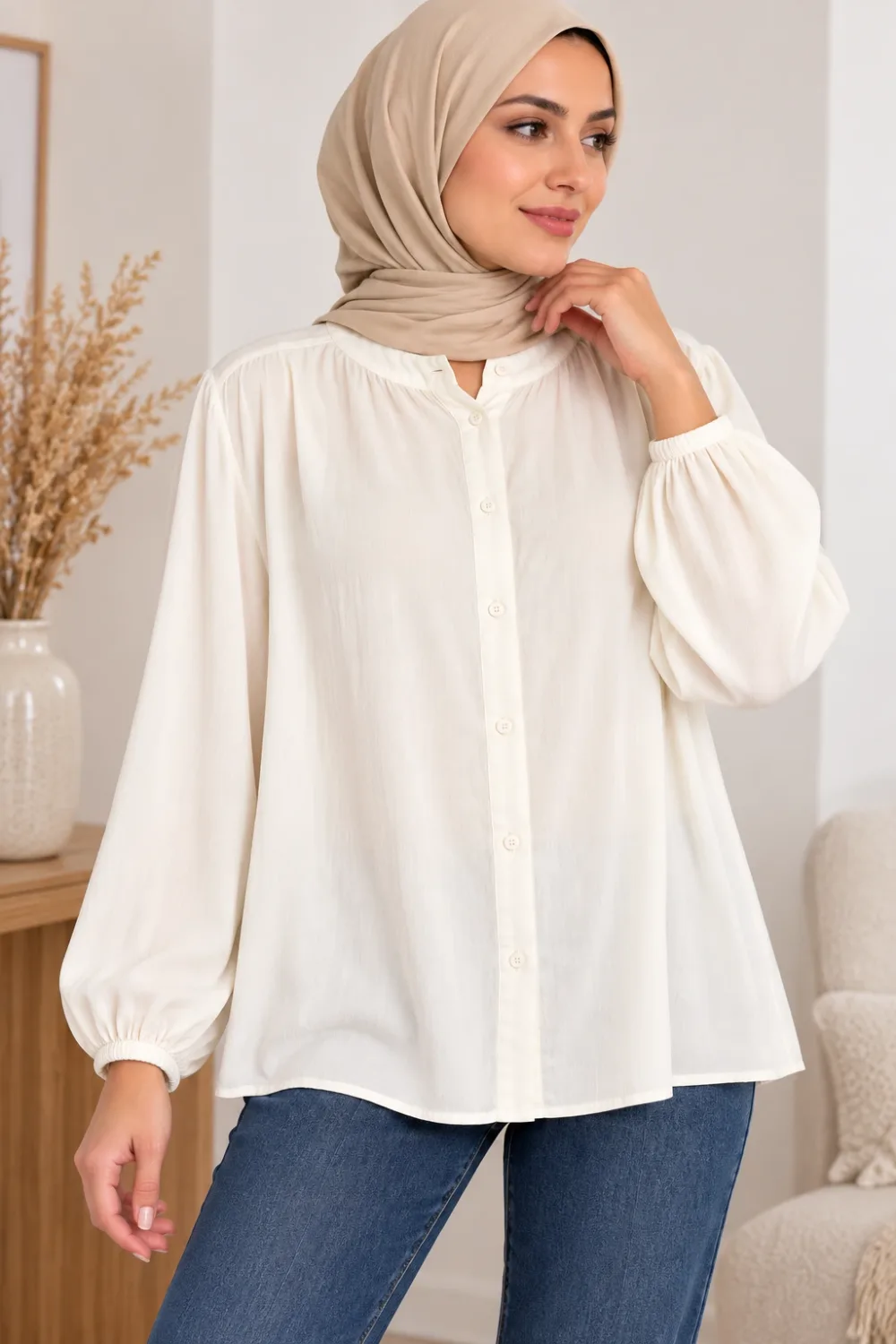 Blouse Femme Zara Blanc Cassé à Col Rond – Taille XXL