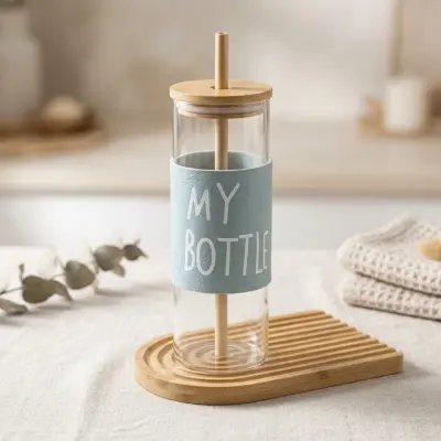 Mugs avec paille en bambou, avec un petit plateau bonbon