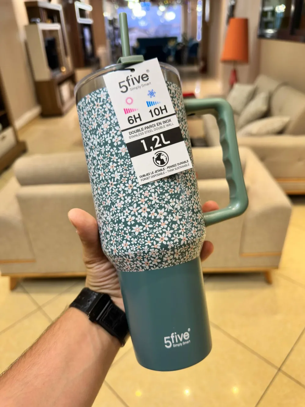 🌸 Tumbler Isotherme à Poignée & Paille – 5Five Simply Smart