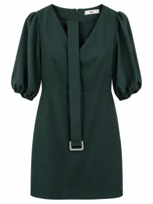 Robe courte femme Mango vert foncé à manches bouffantes et ceinture à boucle – Taille M