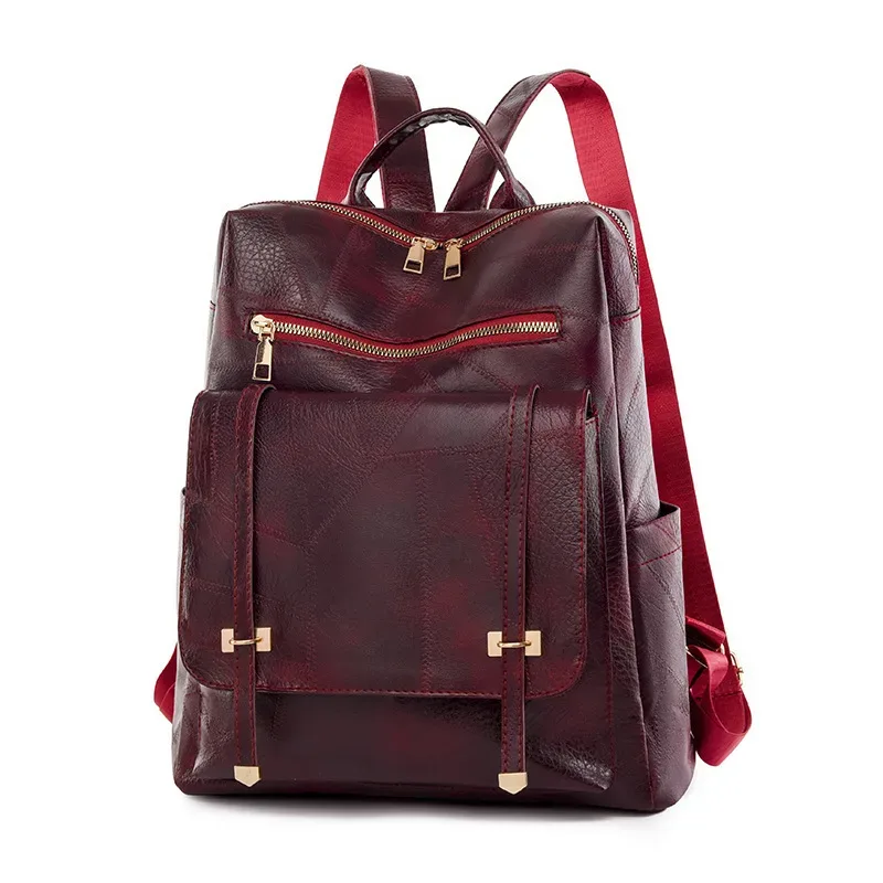 Sac à dos rétro en cuir synthétique pour femme Grenat - حقيبة ظهر نسائية من الجلد