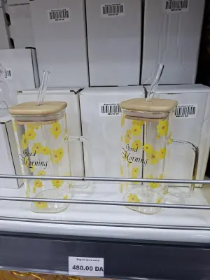 Mug en Verre+Paille Fleure Jaune
