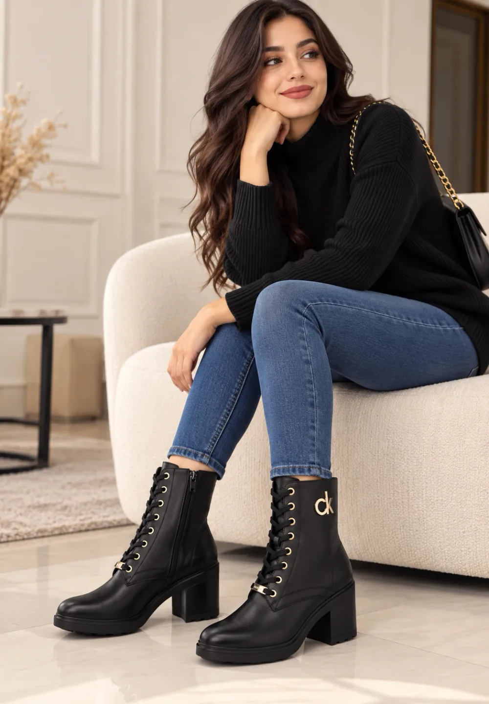 Bottines Femme Calvin Klein à Lacets en Noir – Talon Bloc