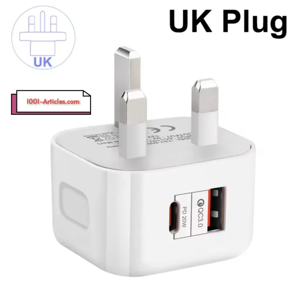 Chargeur Pro double ports USB et Type-C, Fast Charge PD 20W, Version UK.