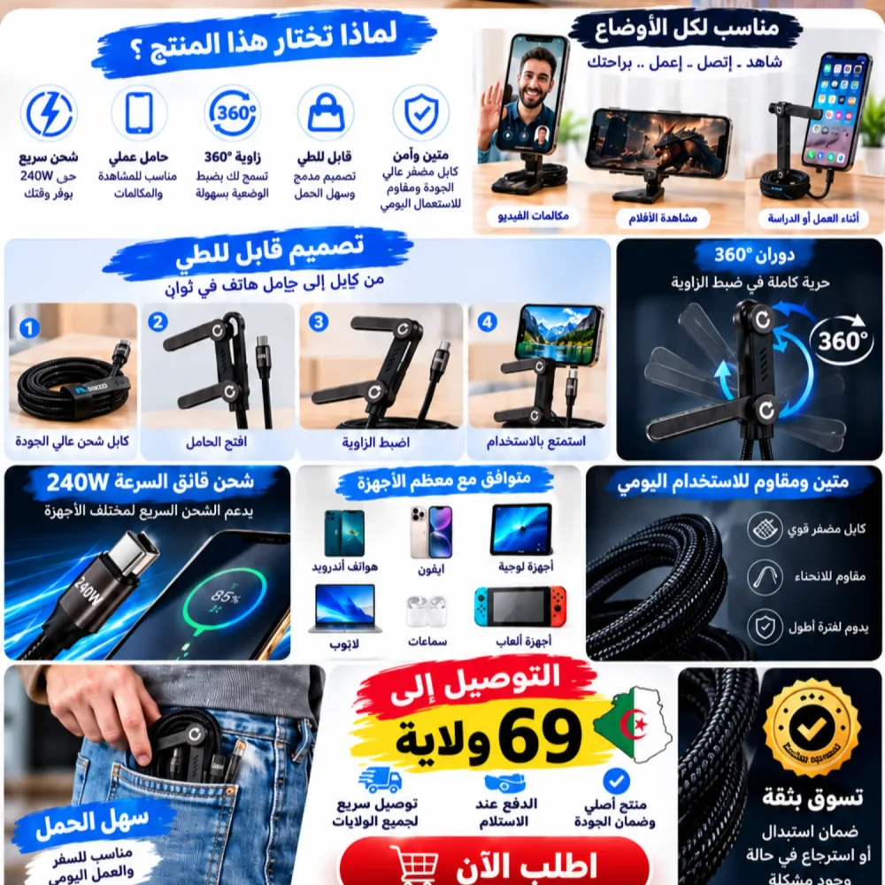 كابل NEZO 2 في 1 – شحن سريع + حامل هاتف قابل للطي 360°