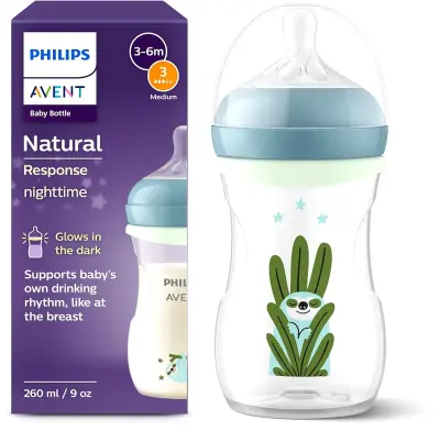 Biberon nuit Natural Response – bouteille 260 ml avec tétine à débit moyen (débit 3)