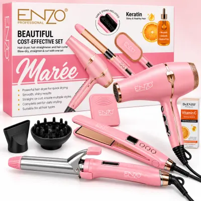 Kit de coiffage ENZO Professional EN-6301 – Pack Coiffure 3-en-1 Séchoir, Brosse Lissante & Boucleur