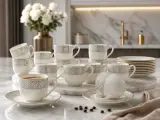 ☕ Service à Café/Thé en Porcelaine 24 Pièces - Motif Géométrique Argenté