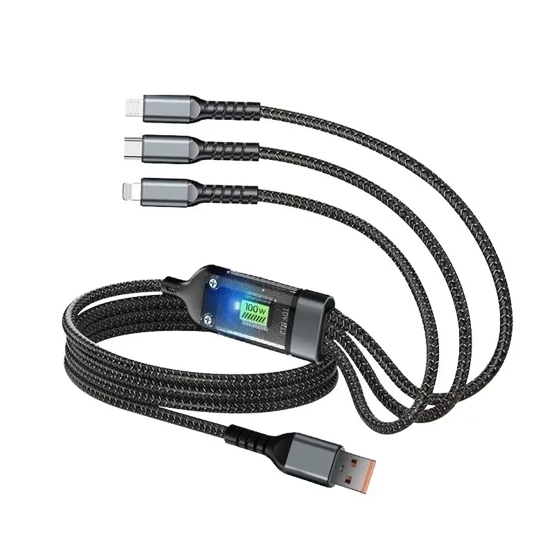Câble 3-en-1 Charge Rapide avec Affichage LED – Type-C, Lightning & Micro USB