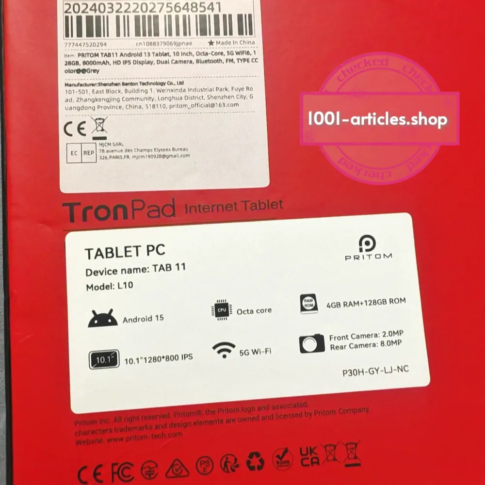 Tablette PRITOM TAB 11, 10.1 pouces, Android 14, 08 Go/128 Go, 8000 mAh, Wifi