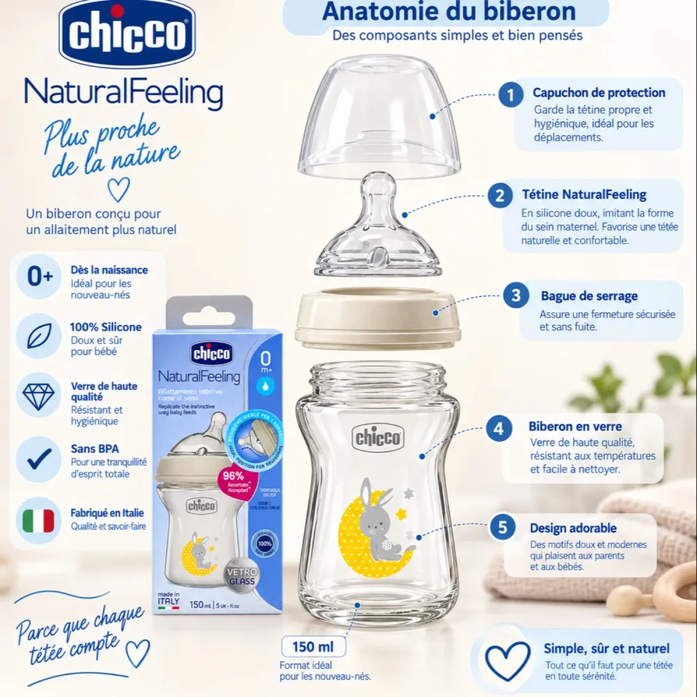 🍼 Chicco NaturalFeeling 150 ml – Biberon en verre dès la naissance